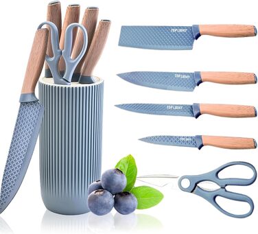 Набір кухонних ножів, 6 предметів: гострі ножі з нержавіючої сталі з антипригарним покриттям, набір для кухні з підставкою (блакитний)
