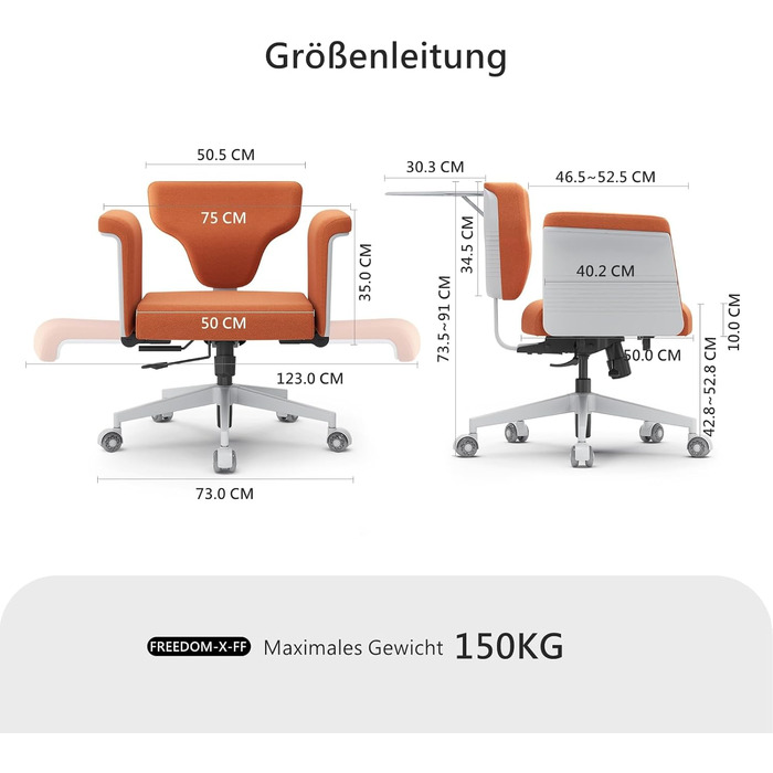 Офісне крісло Newtral FX-FF з регулюванням висоти, з підлокітниками/без, на роликах, для дому та офісу, обертове, помаранчеве FREEDOM-X FF