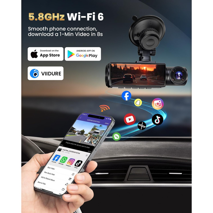 3-канальний 4K відеореєстратор для авто з камерою заднього виду, Wi-Fi, G-сенсором та нічною зйомкою, 4K+1080P+1080P, 64GB SD-карта в комплекті