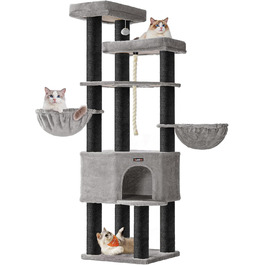 Дерево для котів Feandrea, багатоярусне, XXL, 55 x 186.7 x 55 см, товщина сизалю 11 см, для великих котів (наприклад, Мейн-кун), сіро-чорний колір, артикул PCT008G02
