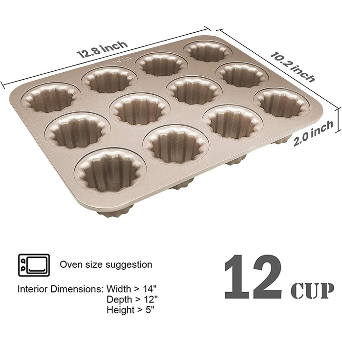 Canele Mold, Carbon Steel, 12 Cavities, Non-Stick, Canelé Molds, Baking Pans for Oven Baking, Cupcake