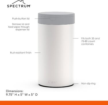 Spectrum Diversified Decorative Wipes Dispenser - Refillable Wet Wipe Holder for Household Cleaning, Stylish Cleaning Cloth Holder, Stainless Steel Plastic, White, 1 Count (Pack of 1)