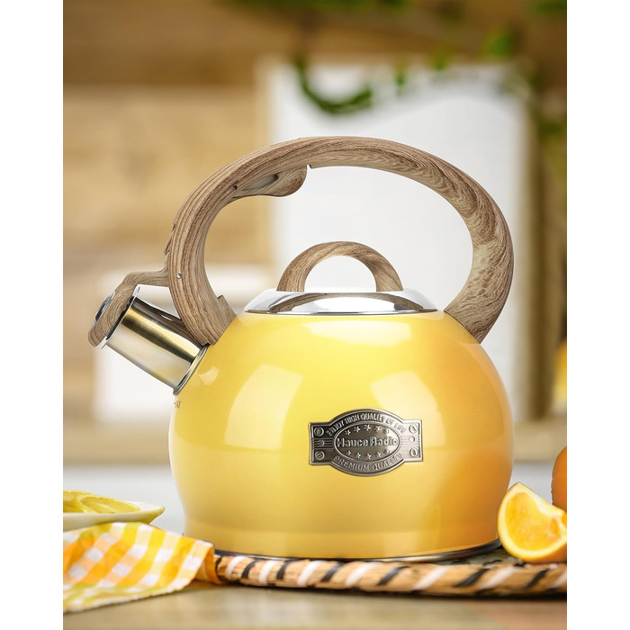 Чайник Teekessel 2.1 л з плитою, чайник з нержавіючої сталі з дерев'ястим малюнком, складаний ручка, підходить для всіх типів плит (Слонова кістка) (Жовтий)