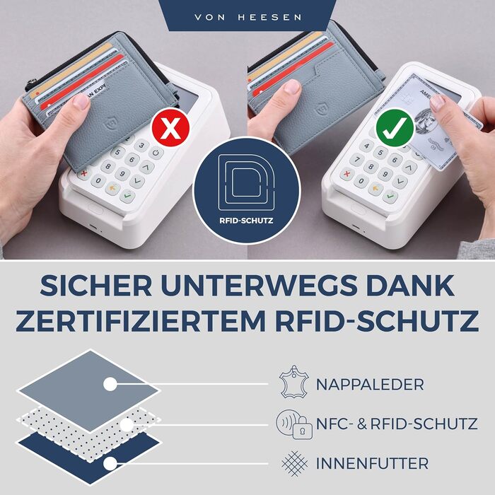Шкіряний RFID картхолдер VON HEESEN з наппа-шкіри для чоловіків та жінок, 9 відділень, горизонтальний (Світло-блакитний)