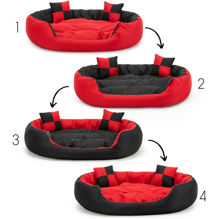 Ліжко для собак Lionto 4-в-1 з поворотним подушкою, 110x80 см, з міцного оксфорду, водовідштовхувальне, для собак та котів, з глибоким входом, з декоративною подушкою, червоно-чорне
