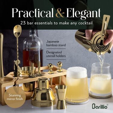 Набір для коктейлів Barillio Elite, 23 шт., з бамбуковим підставкою, чорний, нержавіюча сталь