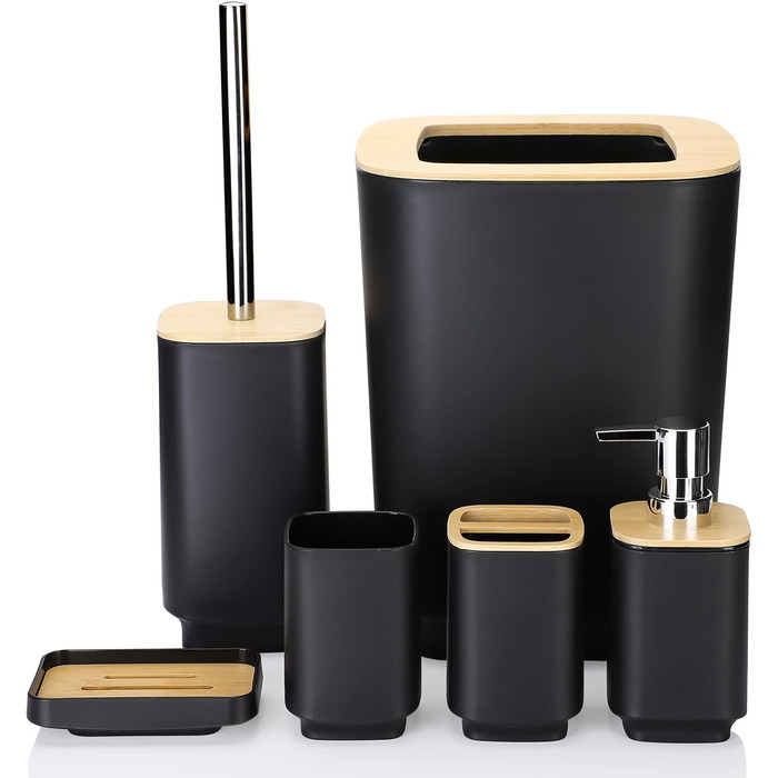 Набір аксесуарів для ванної кімнати JOTOM з бамбука, 6 шт. Сучасний дизайн: дозатор для мила, тримач для зубних щіток, стакан, мильниця, тримач для туалетного йоржика, сміттєве відро. Сірий колір