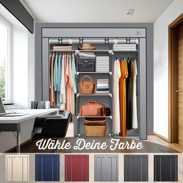 KESSER® Wardrobe Clothes Closet Stable with Clothes Rail & Shelves, Incl. 5x Clothes Hangers, Fabric Folding Closet for Bedroom, Dressing Room Wardrobe with Clothes Rack 150x45x175cm (Grey)