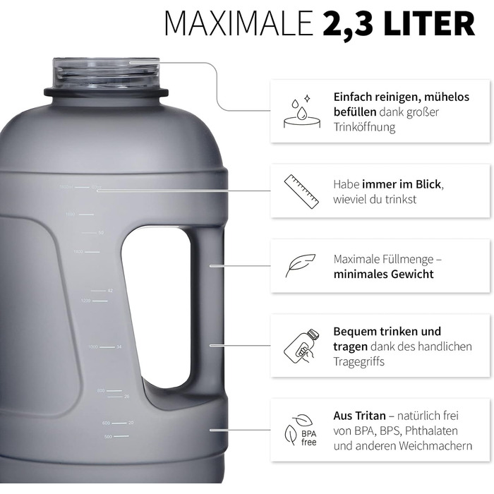 Фітнес пляшка для води 720°DGREE uberBottle Jug 2300 мл, BPA-free, з ручкою, для спорту та тренувань, сіра Stone Gray, софт-тач