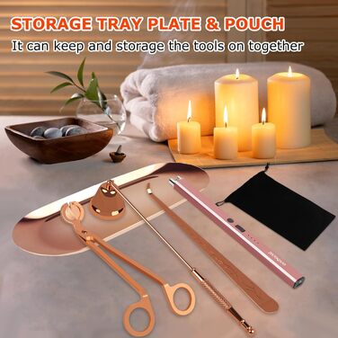JIUOQUO 6-in-1 Candle Accessory Set, Candle Snuffer, Electric Candle Lighter, Wick Trimmer, Wick Dipper, Storage Tray, Plate, Candle Care Set for Candle Lovers, Mother's Gift