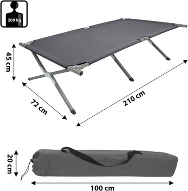 Ліжко похідне BB Sport XXL 210x72x45 см, до 200 кг, сталеві труби, 600D Oxford, сіре - зручне та компактне для кемпінгу та гостей