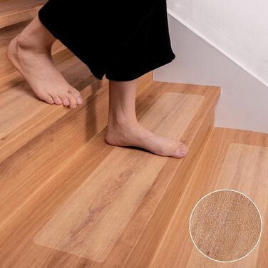Transparent Stair Treads - 15 Piece Set - 10 x 81cm Anti-Slip Carpet for Stairs - Self-Adhesive Non-Slip Stair Mats for Wood Steps