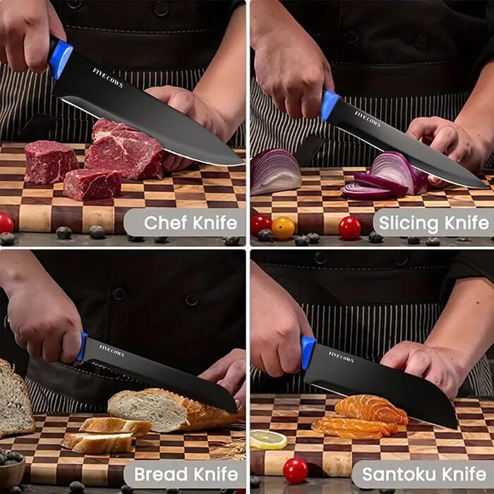 Набір кухонних ножів FIVE COWS (14 предметів) з самозаточуванням, з ножем для стейка та ножицями, синій