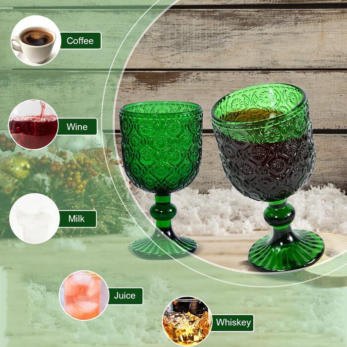 Набір келихів для вина, вінтажний стиль, 350мл, 6 шт, кришталеве скло з тисненням, придатні для миття в посудомийній машині, рожевий