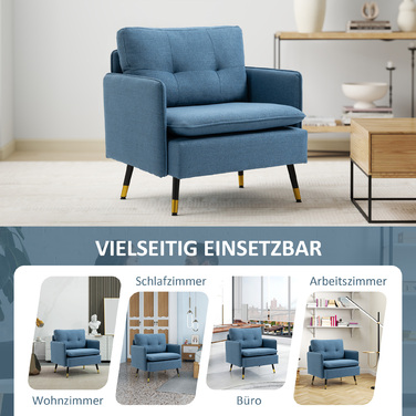 HOMCOM Accent Chair with Button Tufting, Upholstered Armchair, Removable Cushions, Black + Gold + Blue