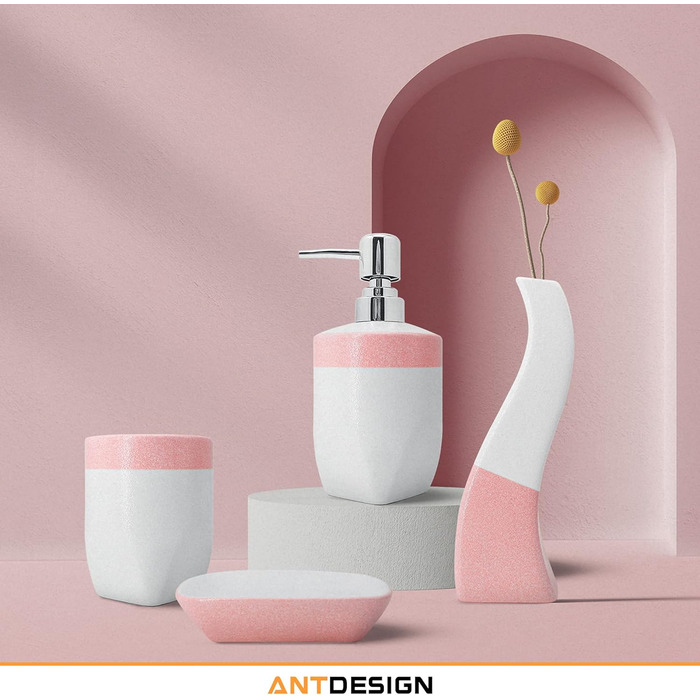 Набір аксесуарів для ванної кімнати з кераміки, 5 шт. (помпа, дозатор мила, мильниця, тримач для зубних щіток, ваза), рожевий, для сучасного декору