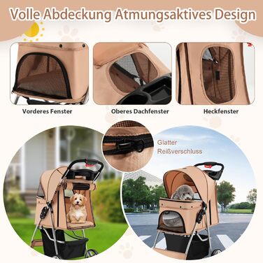 Візок для собак SOARS, до 15 кг, складаний, з сітковими віконцями, тримачем для напоїв та кошиком для зберігання, візок для домашніх тварин для маленьких тварин (Бежевий)