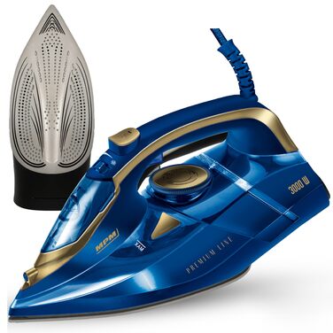 Праска MPM MZE-24/G з керамічною підошвою, 3000 Вт, 190 г/хв, 300 мл, вертикальне прасування, автовимкнення, блакитна