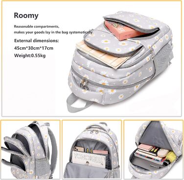 Шкільний рюкзак для дівчаток-підлітків, вінтажний рюкзак-сет, квітковий дизайн, рюкзак для ноутбука, шкільні сумки для жінок, школа, подорожі, з ланч-пакетом та пеналом 3 в 1, сірий