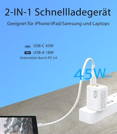 Мережевий зарядний пристрій USB-C 45W з 2 портами, PD 3.0, швидка зарядка для Samsung Galaxy S24/S23/S22, iPhone 16/15/14 Pro Max, iPad, Pixel, мобільні телефони