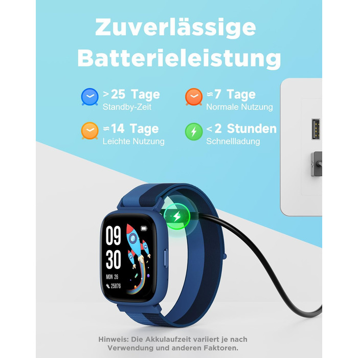 Смарт-годинник BIGGERFIVE для дітей, 1.8' екран, фітнес-трекер з підрахунком кроків, пульсометр, моніторинг сну, будильник, 5 ігор, водонепроникність IP68, ремінець з нейлону блакитного кольору