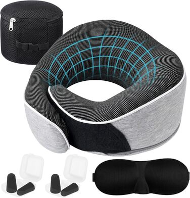 Подушка для шиї Memory Foam, ергономічна, з маскою для очей та навушниками, для подорожей