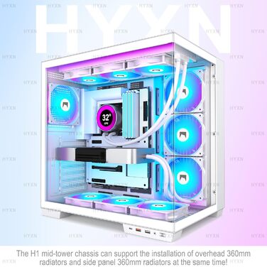 Корпус для ПК HYXN H1 ATX з 7 вентиляторами PWM ARGB, Mid Tower, Dual Chamber, Type-C, підтримка 3x360 мм кулерів (білий)