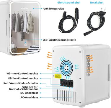 COSTWAY 10L Skincare Fridge - Mini Glass Door Fridge with Touch Screen Mirror & Cooling/Heating for Beauty & Cosmetics