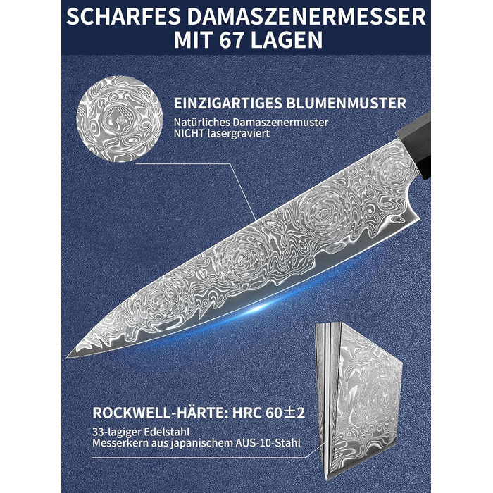 Японський ніж кухарський з дамаської сталі Plys: професійний ніж шеф-кухаря з чорним дерев'яним руків'ям, ніж для фруктів