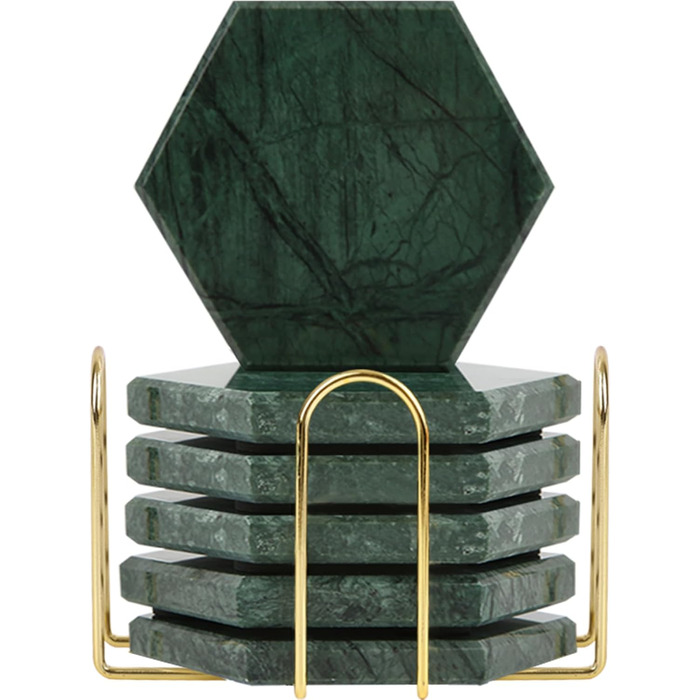 Marble Coasters for Drinks with Metal Stand for High-End Lifestyle (Set of 6) (Hexagonal, Emerald Green)