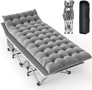 Розкладне ліжко Feldbett з матрацом, до 208 кг, сіре, XL 190x71x35 см - для кемпінгу, саду, пляжу, гостей