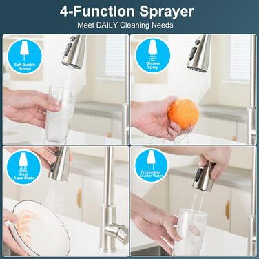 Змішувач кухонний висувний з високим напором, 360° обертання, 4 режими, нержавіюча сталь, ABS-розпилювач, для одного отвору, G3/8 з'єднання (тільки для ЄС)