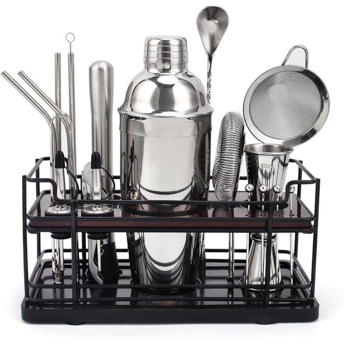 Набір для коктейлів Boston Cocktail Shaker Set 20 предметів з підставкою, 825 мл, нержавіюча сталь, для дому, професійний, з аксесуарами та рецептами, ідеальний подарунковий набір (сріблястий)