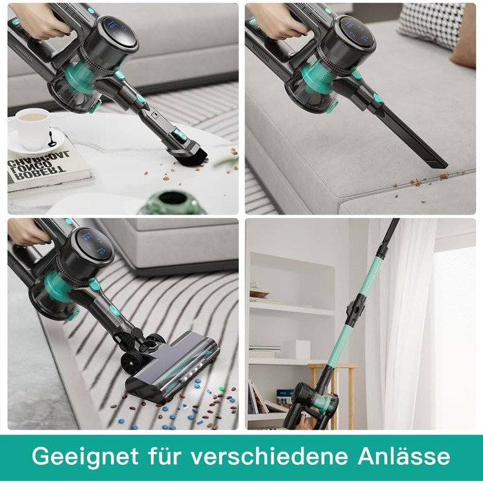 Бездротовий акумуляторний пилосос 28KPa з LED-дисплеєм, антизаплутана щітка, змінний акумулятор, вертикальний пилосос для твердих поверхонь, килимів та шерсті тварин (зелений)