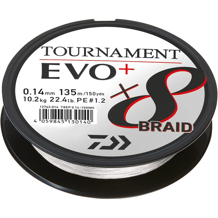 Daiwa Tournament X8 Braid EVO+, 135m White, Braided Fishing Line