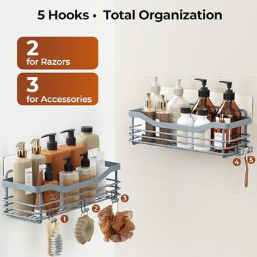 Набір душових корзинок Orimade з 5 гачками, 3 шт. (чорний, сірий) - без свердління, нержавіюча сталь SUS304