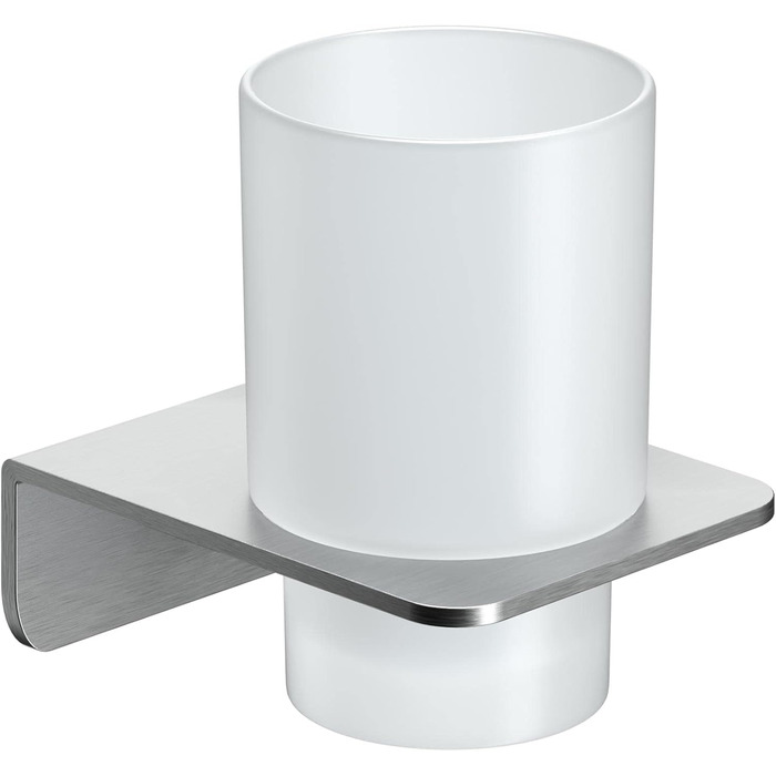WEISSENSTEIN Toothbrush Holder without Drilling | Cup and Toothbrush Holder to Glue to the Wall | Stainless Steel Holder and White Glass | in Silver