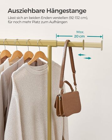 SONGMICS Clothes Rack on Wheels, Heavy-Duty Garment Rack, Extendable Clothes Rod, Load Capacity up to 100 kg, Easy Assembly, Portable, HSR13S (Pale Gold, (92-132) cm Width)