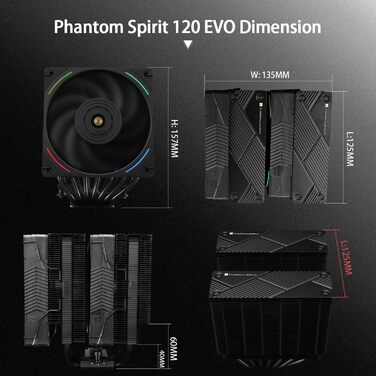 Охолоджувач CPU Thermalright Phantom Spirit 120 EVO: повітряне охолодження з 7 теплових трубок, Dual-PWM вентилятор, підтримка AMD AM4/AM5 та Intel 1700/1150/1151/1200/17XX/2011