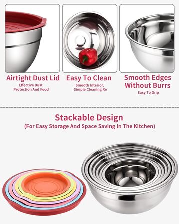 Set of 7 stainless steel bowls with colorful lids, mixing bowls, salad bowls, stackable for minimal storage, essential cooking, kitchen utensils