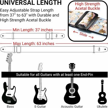 Гітарний ремінь Amumu з бавовни з вишивкою троянд та шкіряними кінцями для бас, електро та акустичної гітари, з фіксатором та блоками для ременя (Цвітіння сливи)