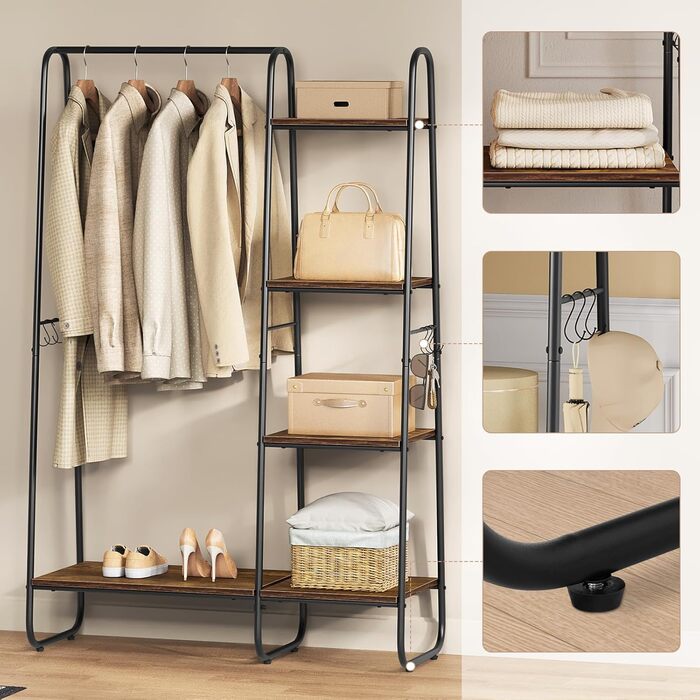 Clothes Rack, Stable Wardrobe, Clothes Rail with 5 Shelves, 6 Hooks, Black Metal Coat Rack, Freestanding Coat Stand