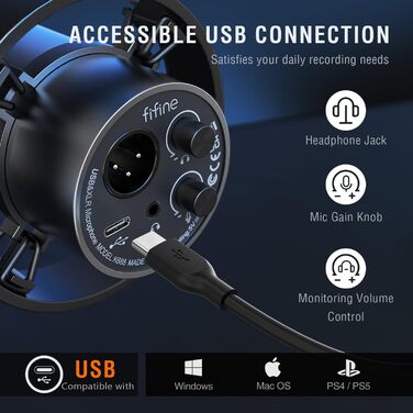FIFINE XLR мікрофон студійний динамічний USB, для стрімінгу, подкастів, геймінгу, PS4/5, Mac, мікшер, звукова карта, чорний