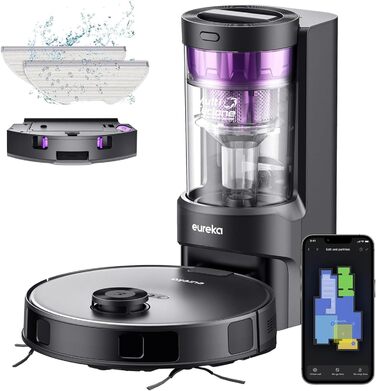 Робот-пилосос EUREKA E10s з вологою тканиною: потужне всадіння 4000Pa, LiDAR-навігація, автопідняття мопа, ідеально для видалення шерсті тварин, керування через додаток та голосовий помічник, чорний