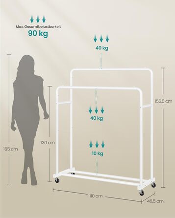 SONGMICS Вішалка для одягу на коліщатках, гардеробний стійка, білий матовий, 2 стійки, до 50 кг, 38 x 110 x 141,5 см, HSR016BH01