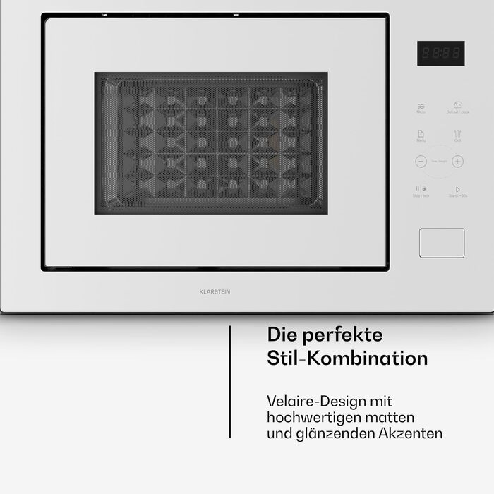 Вбудована мікрохвильова піч Klarstein Velaire 60 см з грилем – 25L, 850W, 8 програм, сенсорне управління, нержавіюча сталь, таймер, білий колір