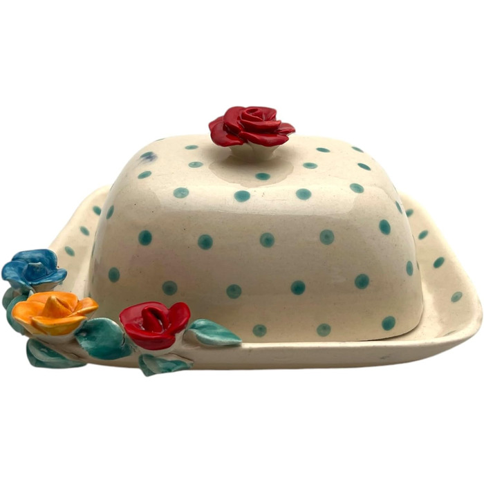 Ceramic butter dish with lid, colorful, hand-painted (dotted red rose)