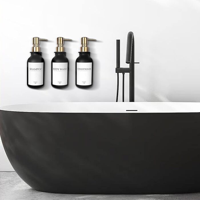 Набір дозаторів для мила та шампуню на стіну, 500 мл, 3 шт., без свердління, янтарний колір (чорна пляшка + золотий насос)