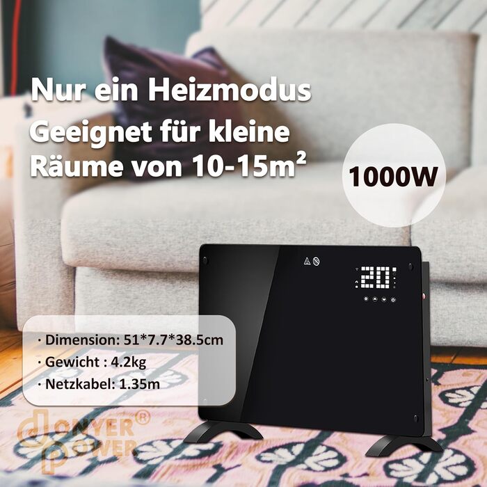 Конвектор DONYER POWER 2500W з Wi-Fi, чорний, з таймером та дистанційним керуванням, скляна панель