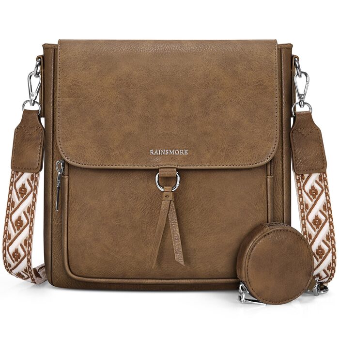 Сумка жіноча RAINSMORE середнього розміру через плече, крос-боді, екошкіра, з широким ременем (Кава)